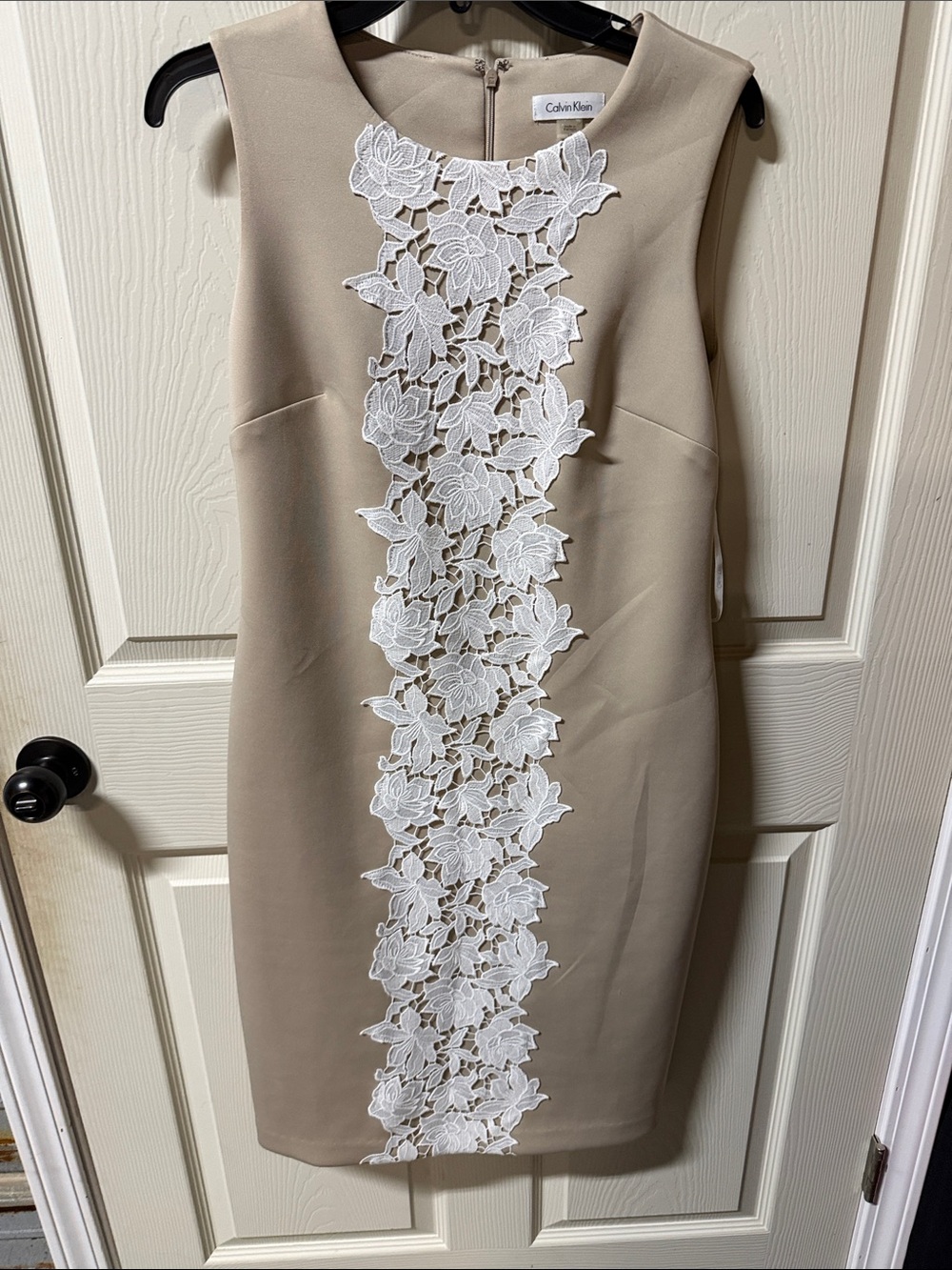 Calvin Klein Taupe Midi Sheath Dress with White Lace Panel